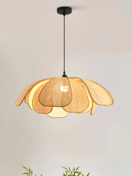 Retro Rural Hand-woven Natural Rattan Petal Chandelier Japanese-Southeast Asian Dining Room Bedroom Chandelier Artistic Atmosp